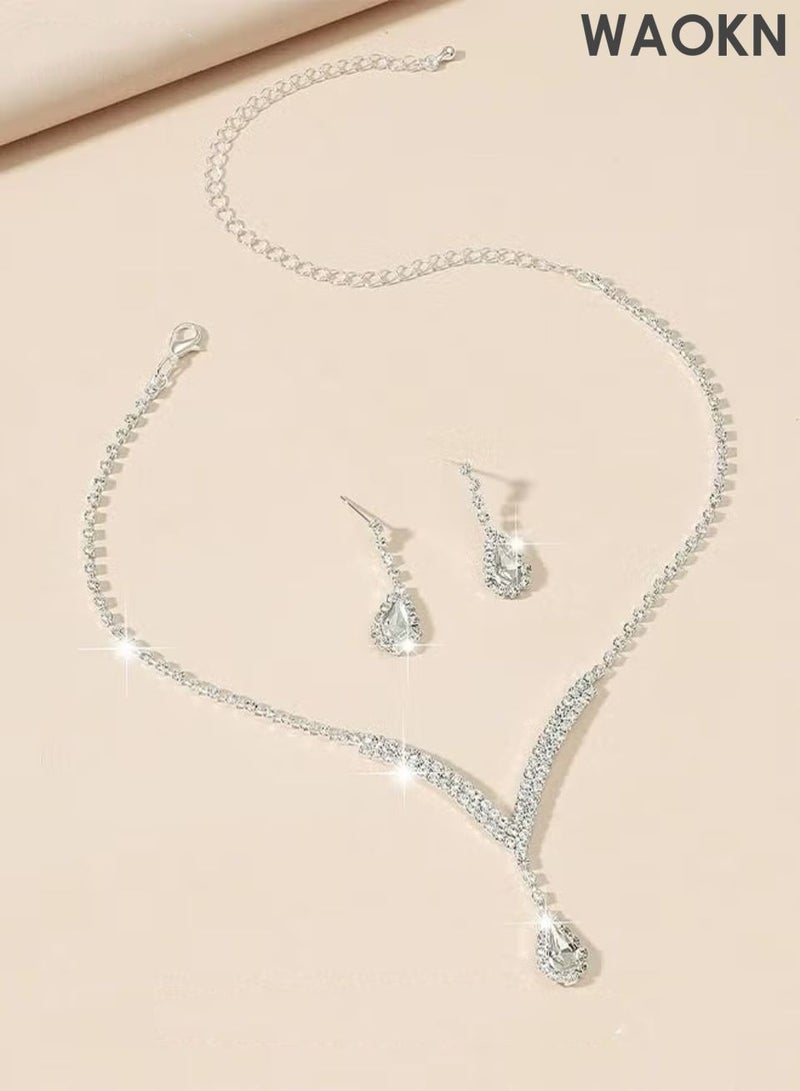 WAOKN 2 Piece Jewelry Set of Necklace and Earrings Shiny teardrop shape Diamond Chic Rhinestone Decor Jewellery Set , suitable for Women , Ladies , Gift for Girlfriend Wife Mother Bridesmaids Wedding Party Accessories , unisex , silvery. - Image 3